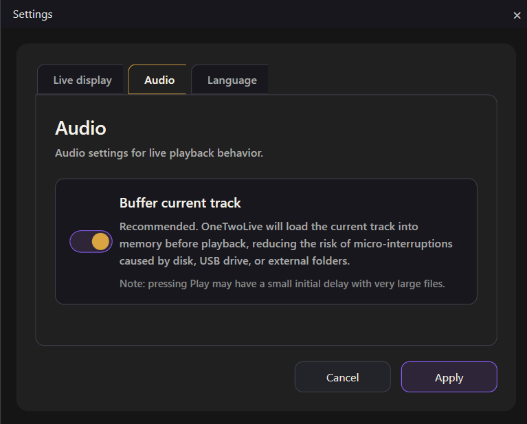 Audio buffering settings in OneTwoLive