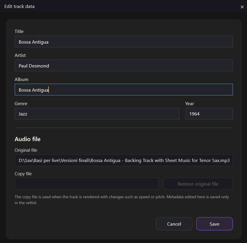 Edit track data in OneTwoLive