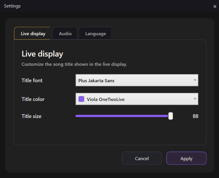 Live Display settings in OneTwoLive
